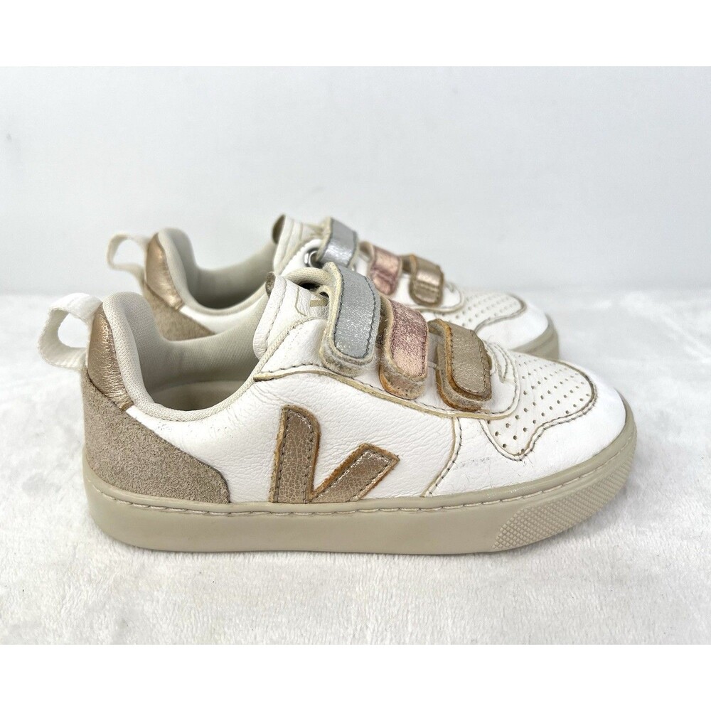 Veja V-10 Shoes Kids Size 12 EU 29 White Leather Strap Casual Walking Sneakers